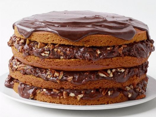 Foto de um bolo de abóbora com cobertura de chocolate