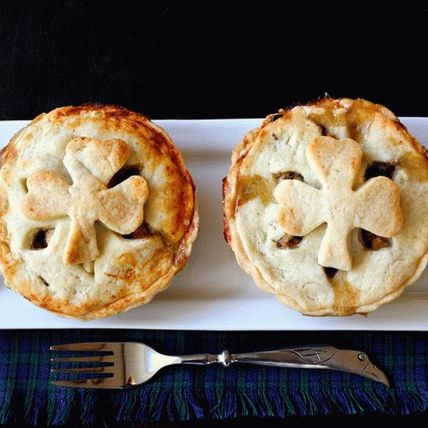 Tortas de porção de foto com carne e uma tampa de massa de queijo na cerveja
